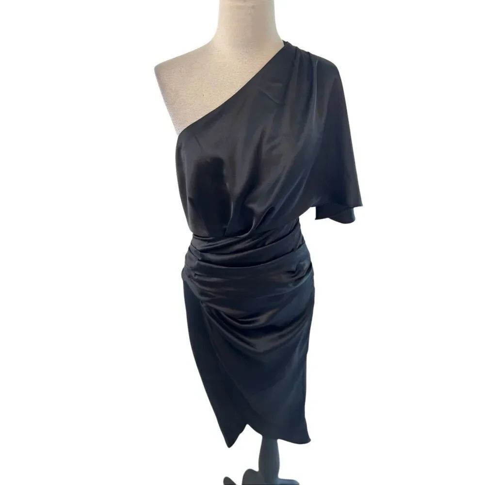 DO+BE Women's One Shoulder Satin Draped Asymmetrical Dress Black Size Small NWT